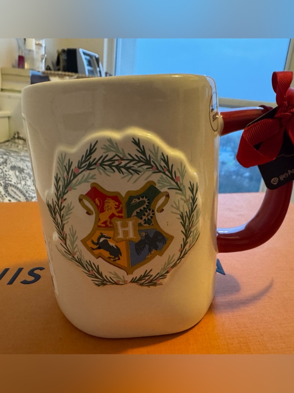 Rae Dunn White Mug with Red Handle and Multicolor Hogwarts Crest